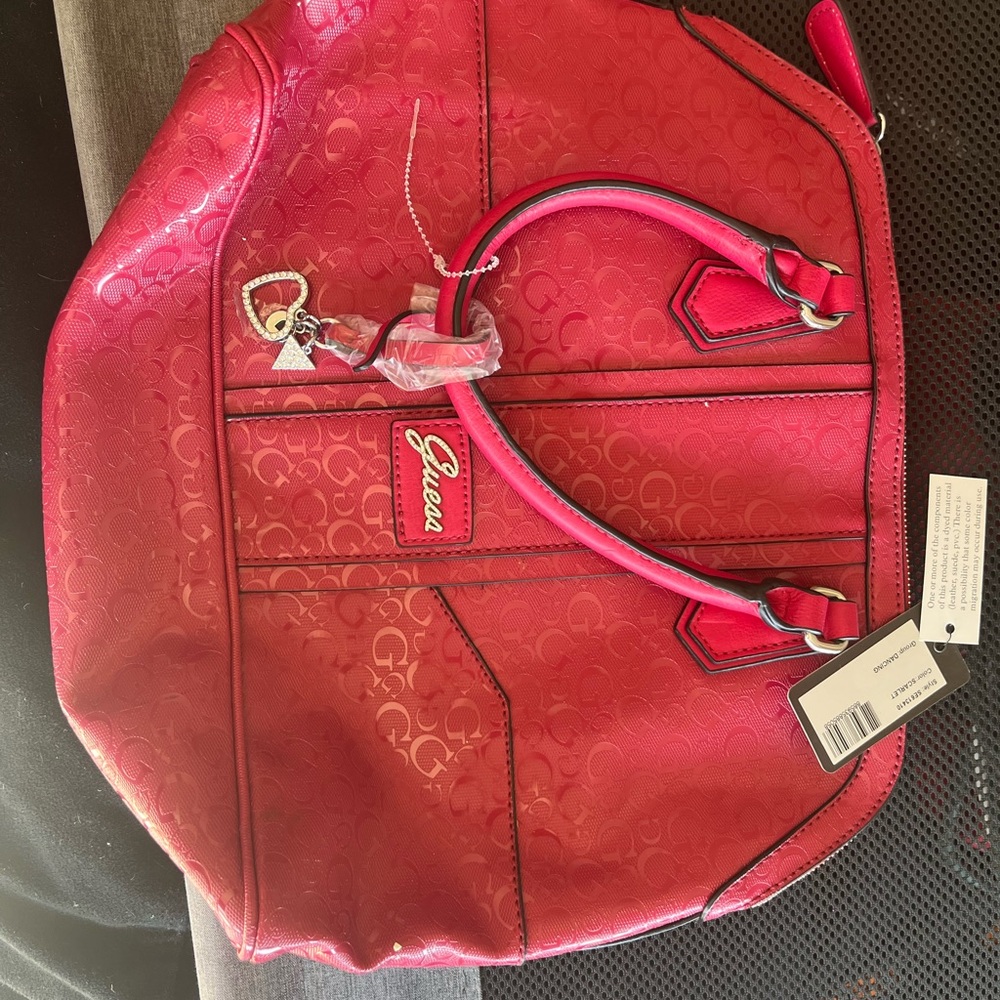 Guess Pink Shoulder Bag with Glossy Finish and Silver Hardware